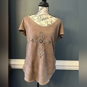 Embellished Cross Short Sleeve Top - Mocha